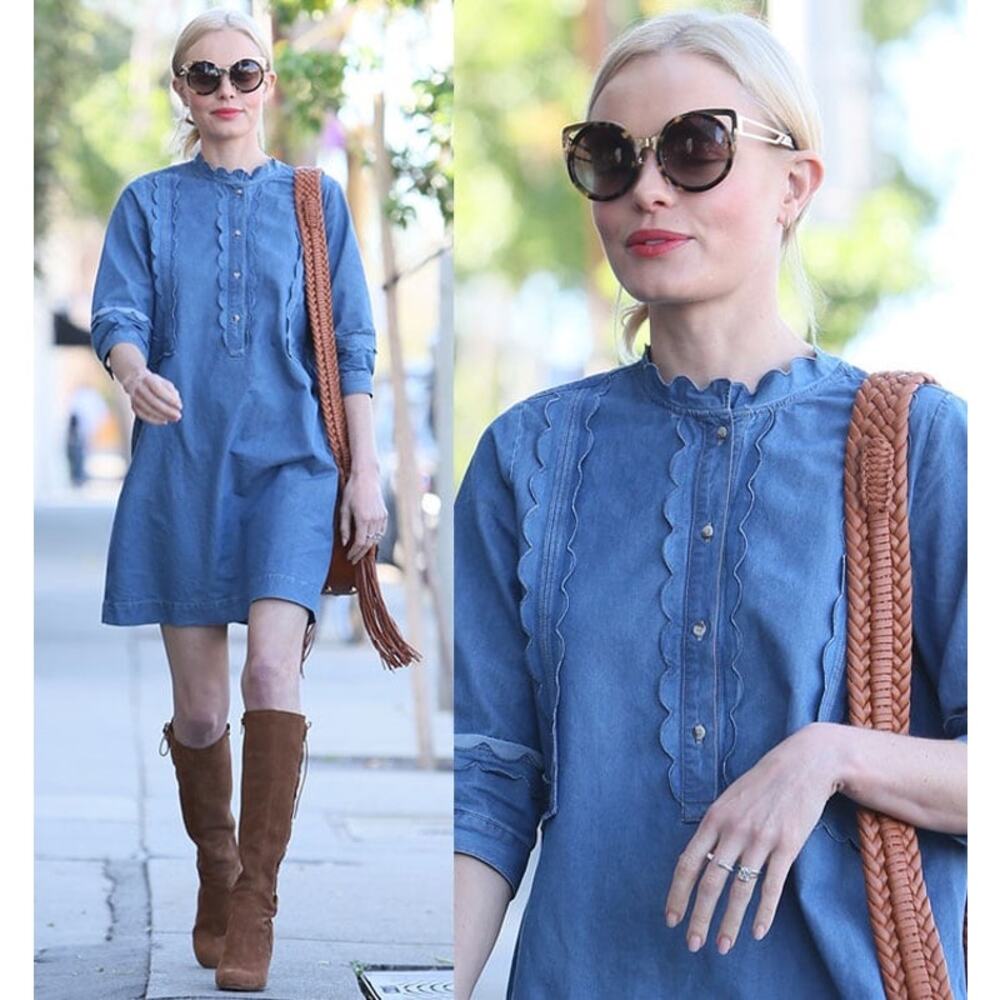 M.i.h Jeans London Denim Ruffle Bib Shift Dress -Light Wash - Size XS - Portugal